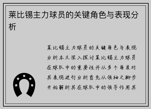莱比锡主力球员的关键角色与表现分析